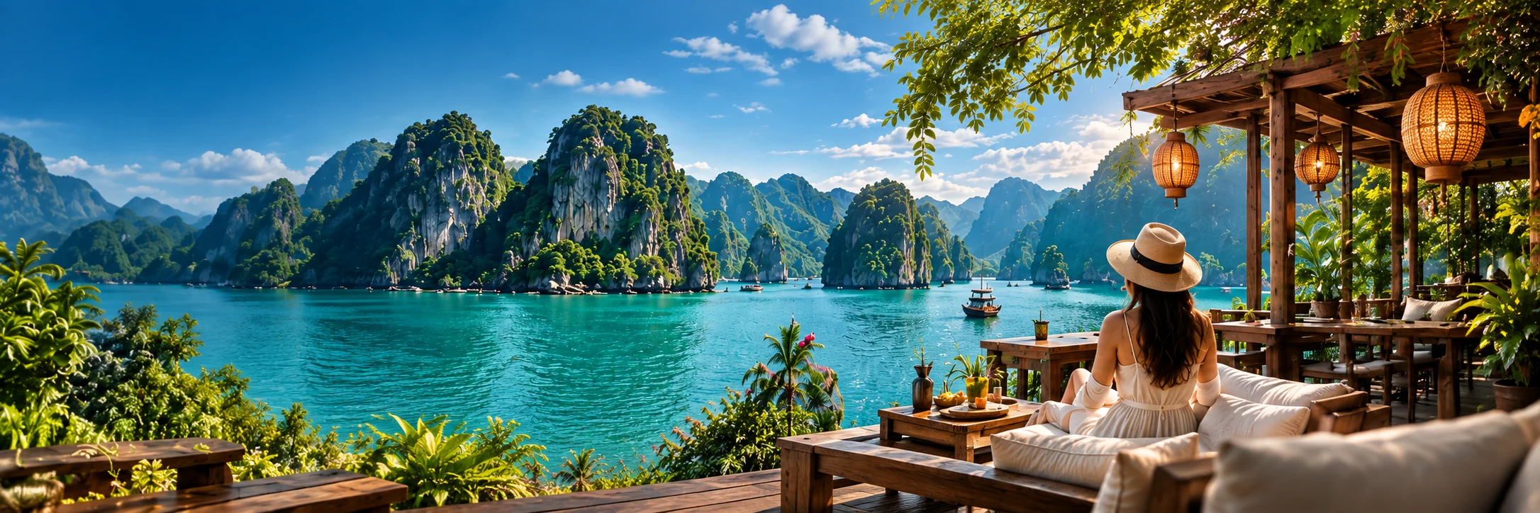A tropical waterside terrace overlooking Asia’s limestone scenery