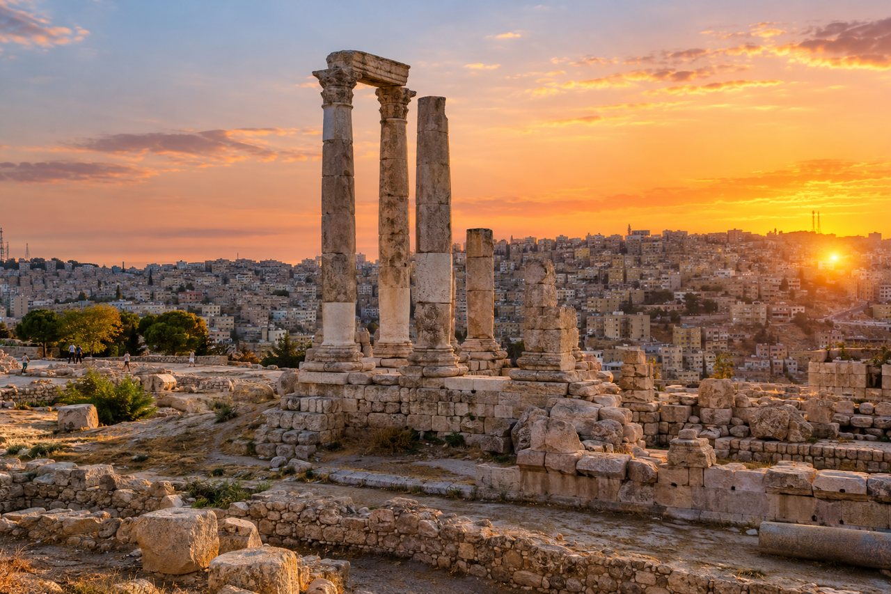 Amman: the Temple of Hercules on the Citadel above the city at sunset (AI-generated image)