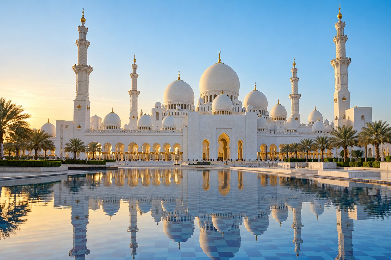 Abu Dhabi: the Sheikh Zayed Grand Mosque's white domes reflected in its pools (AI-generated image)