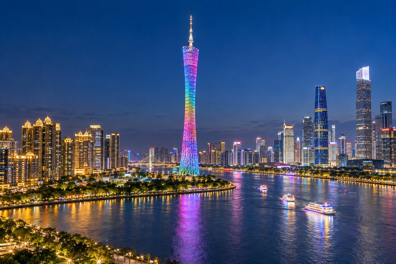 Guangzhou: Canton Tower and the Pearl River skyline lit at night (AI-generated image)