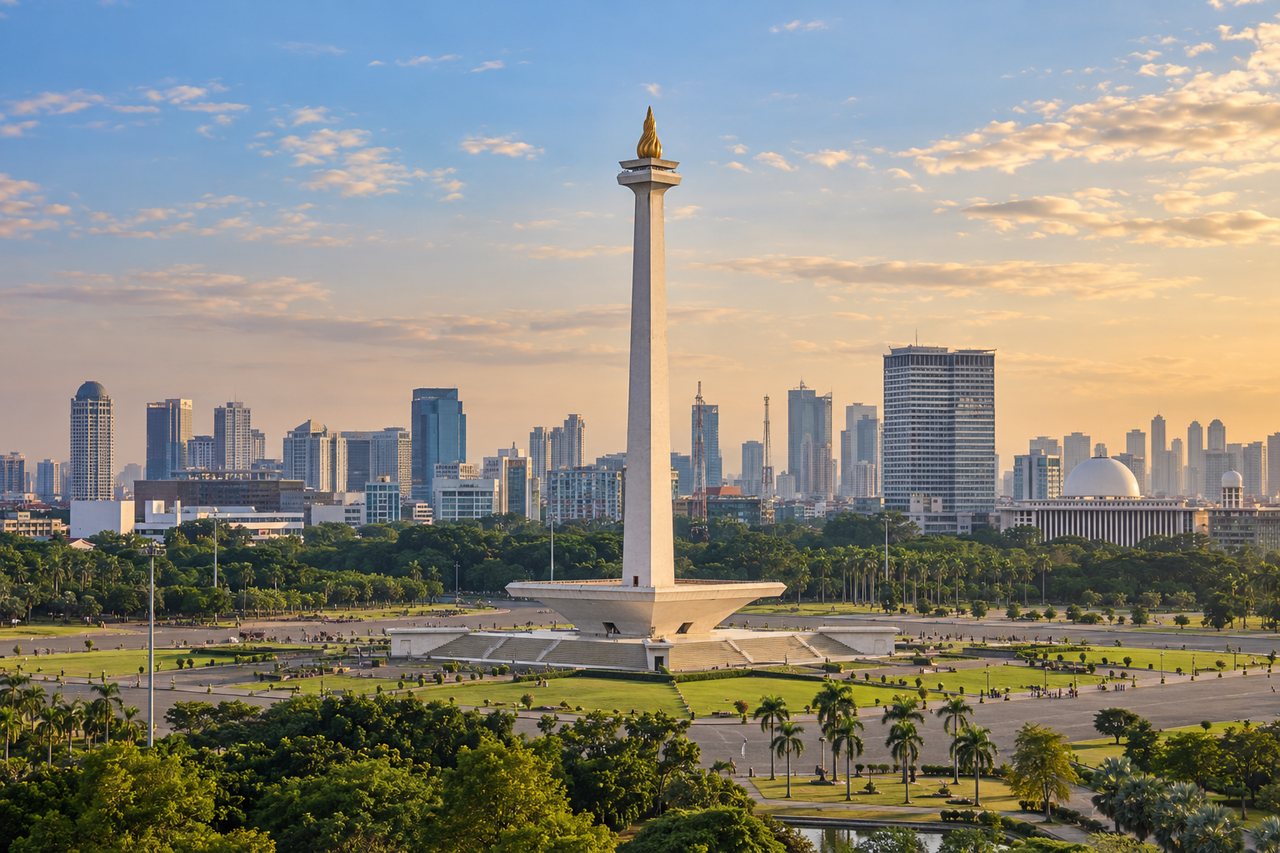Jakarta: the National Monument (Monas) with its gold flame top against the skyline (AI-generated image)