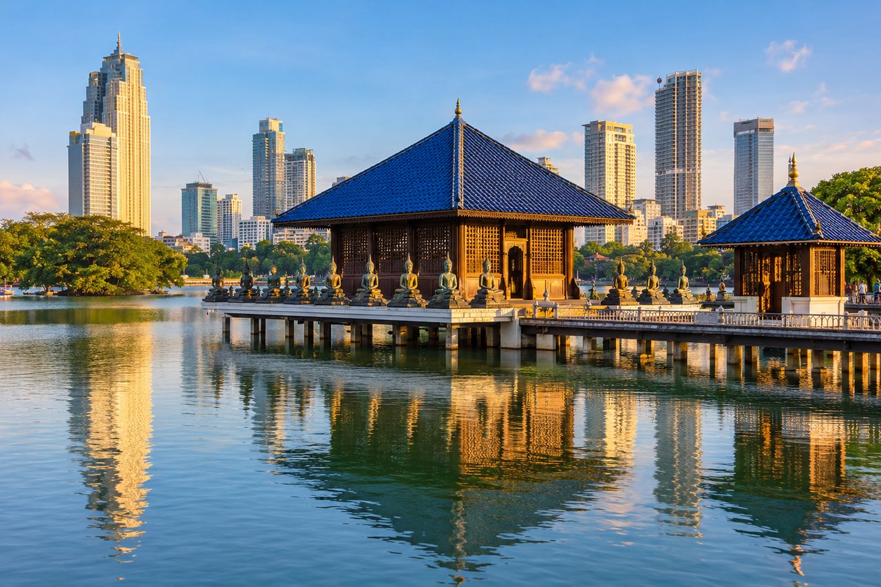 Colombo: the Seema Malaka temple on Beira Lake with the skyline behind (AI-generated image)