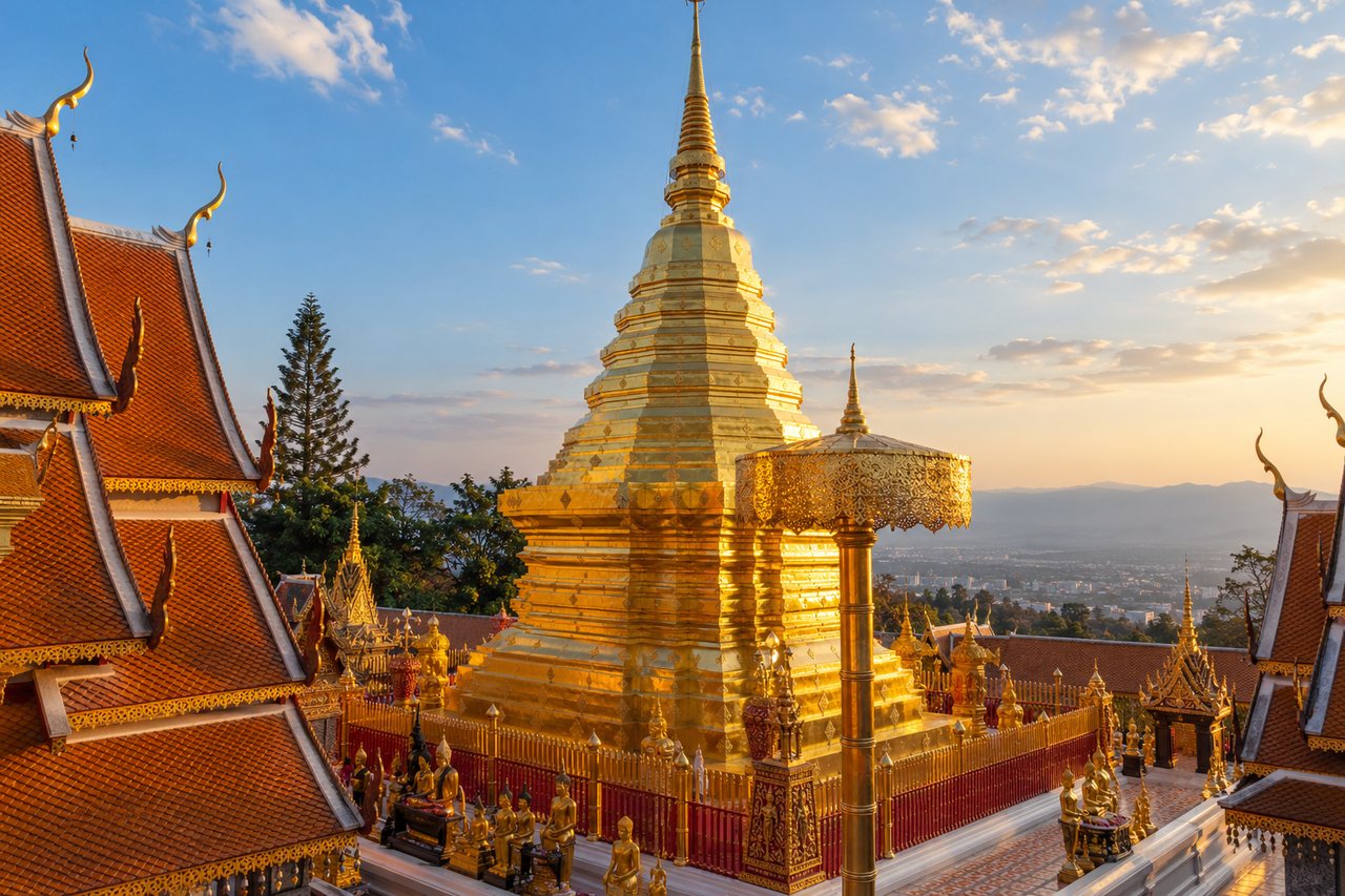 Chiang Mai: the golden chedi of Wat Phra That Doi Suthep glowing in late afternoon light (AI-generated image)