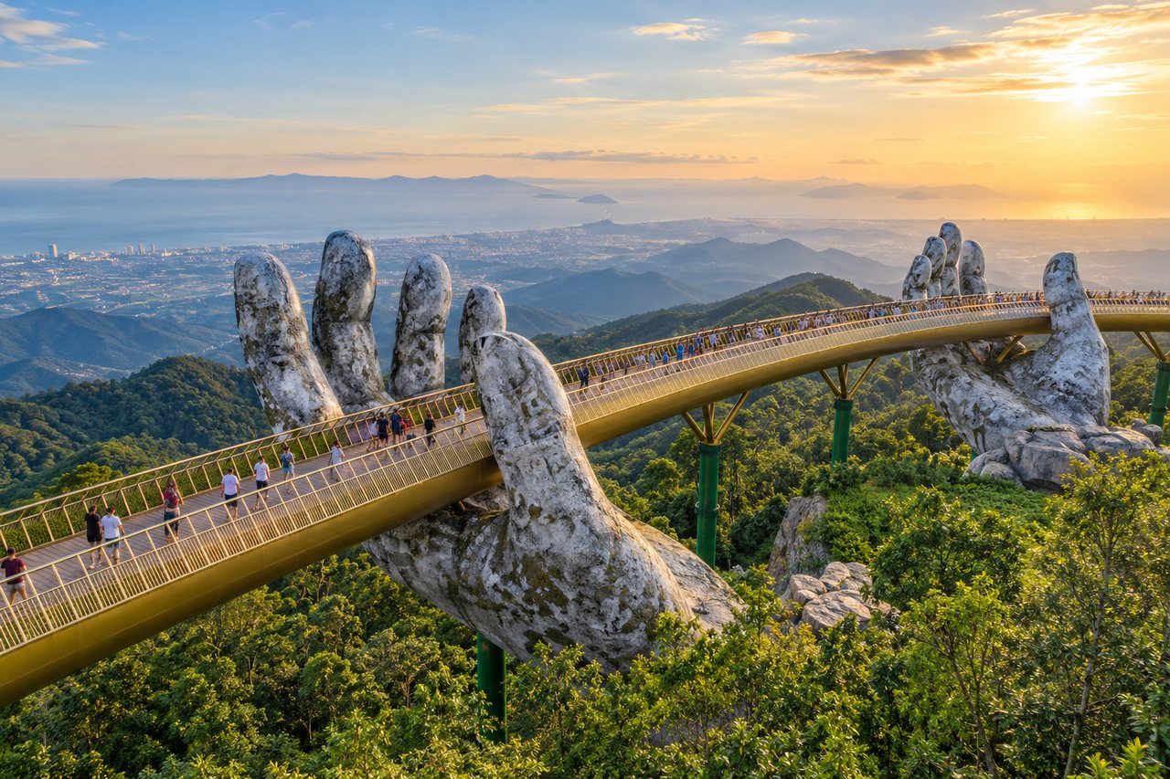 Da Nang: the Golden Bridge held by giant stone hands at Ba Na Hills above green forest (AI-generated image)
