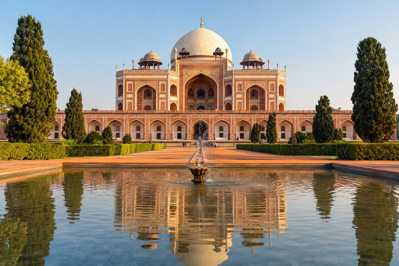 New Delhi: Humayun's Tomb in red sandstone and white marble with its gardens (AI-generated image)