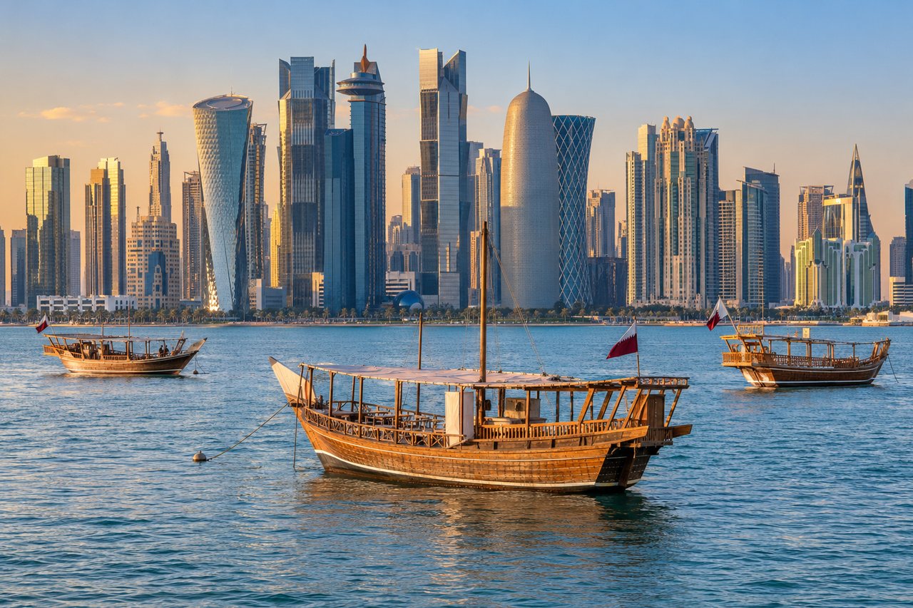 Doha: wooden dhows in the bay with the West Bay skyline (AI-generated image)