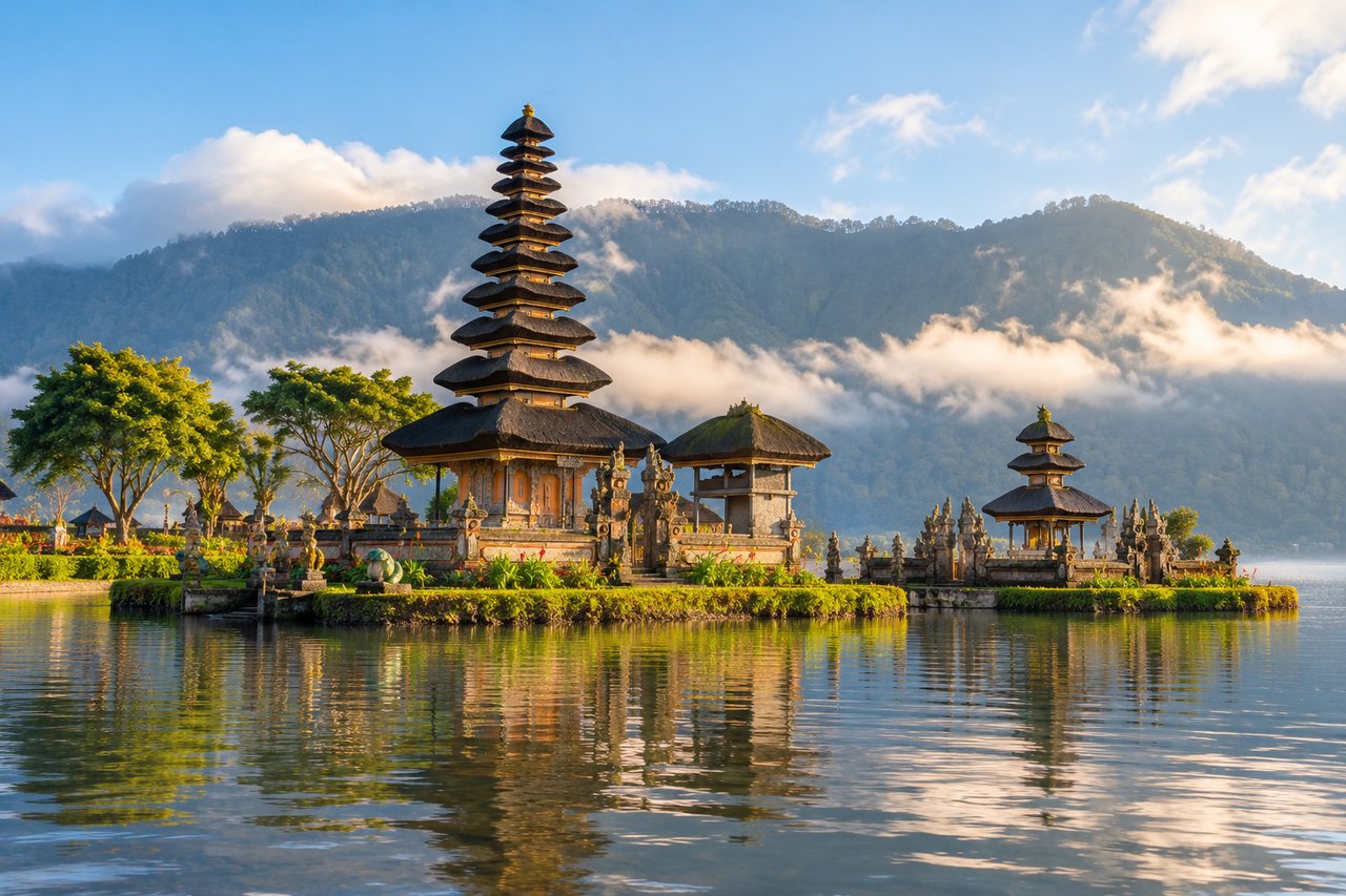 Bali: Pura Ulun Danu Beratan water temple with its tiered meru shrines on Lake Beratan, misty green hills behind (AI-generated image)