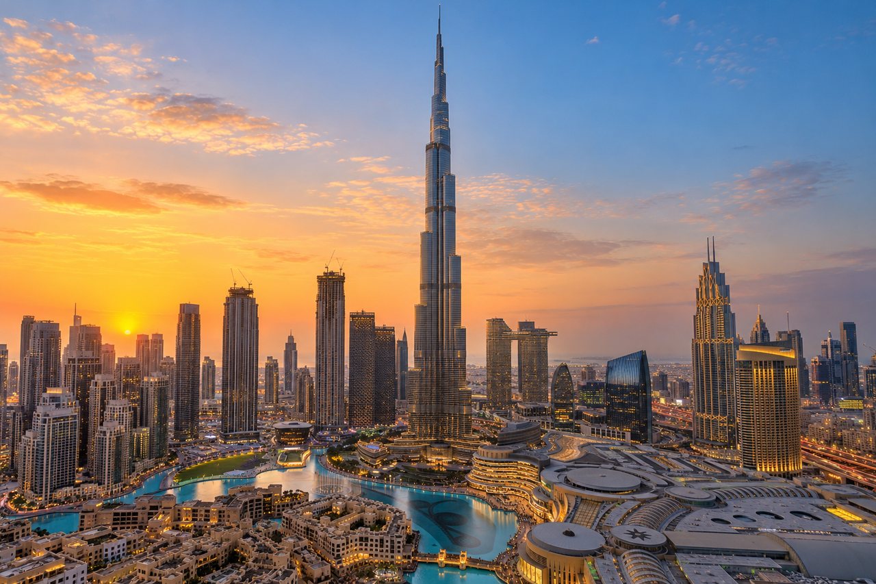 Dubai: the Burj Khalifa and downtown skyline at dusk (AI-generated image)
