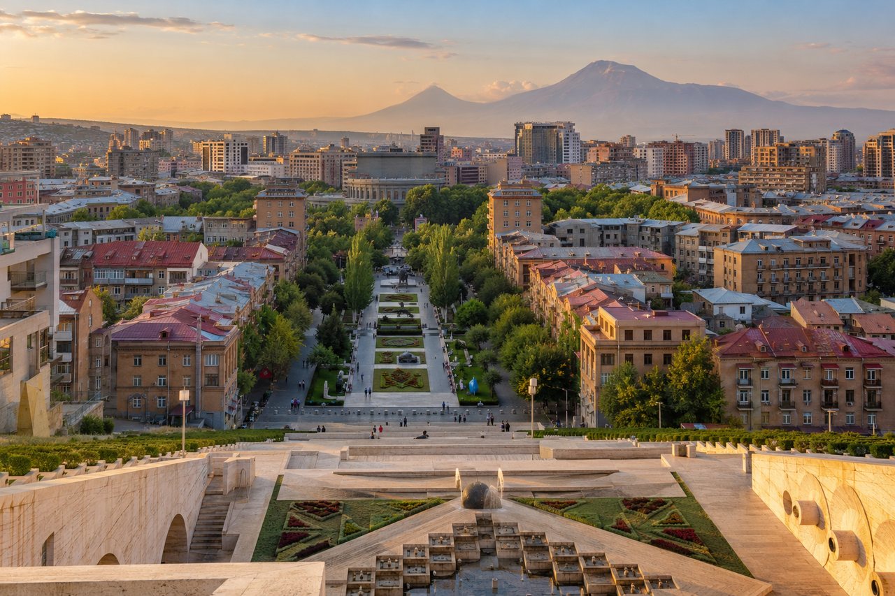 Yerevan: the Cascade steps with Mount Ararat on the horizon (AI-generated image)