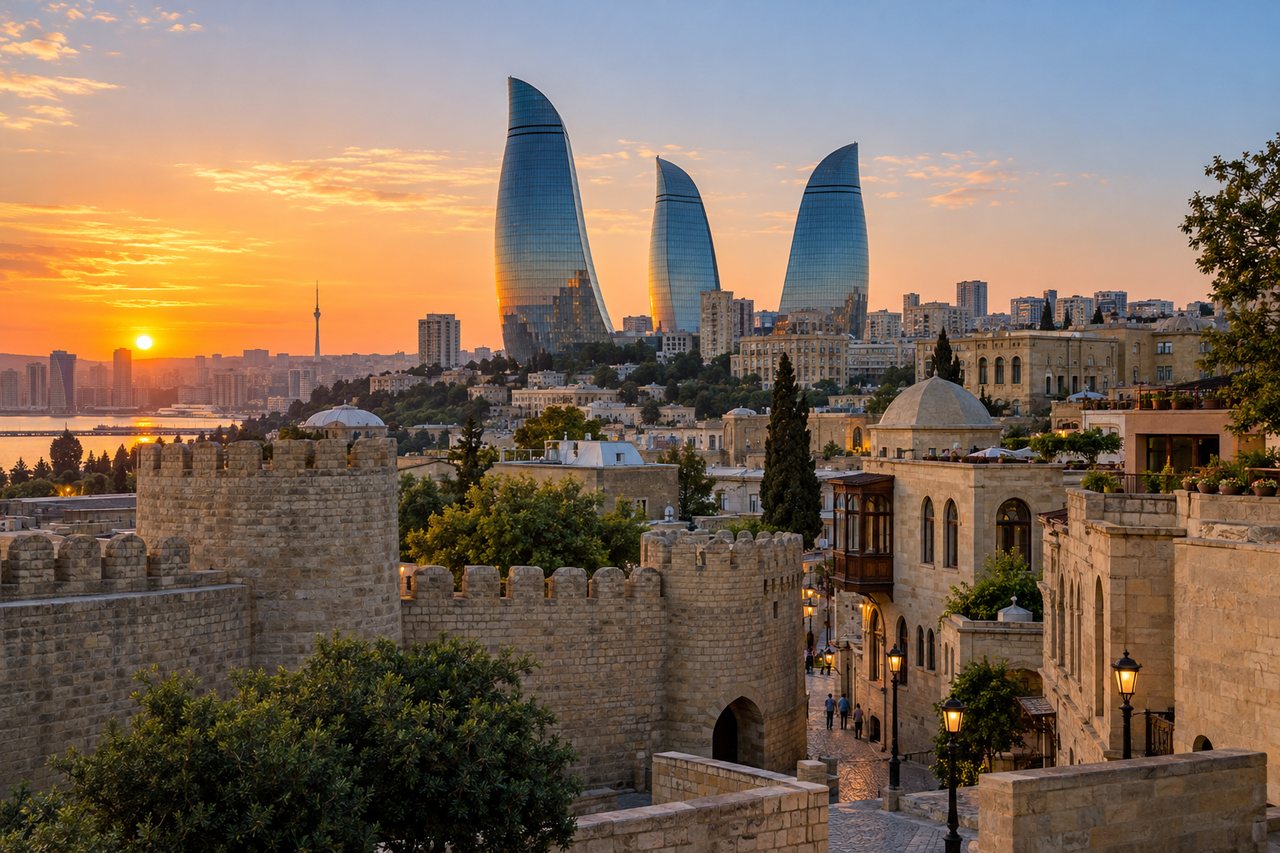 Baku: the Flame Towers above the old city walls at dusk (AI-generated image)