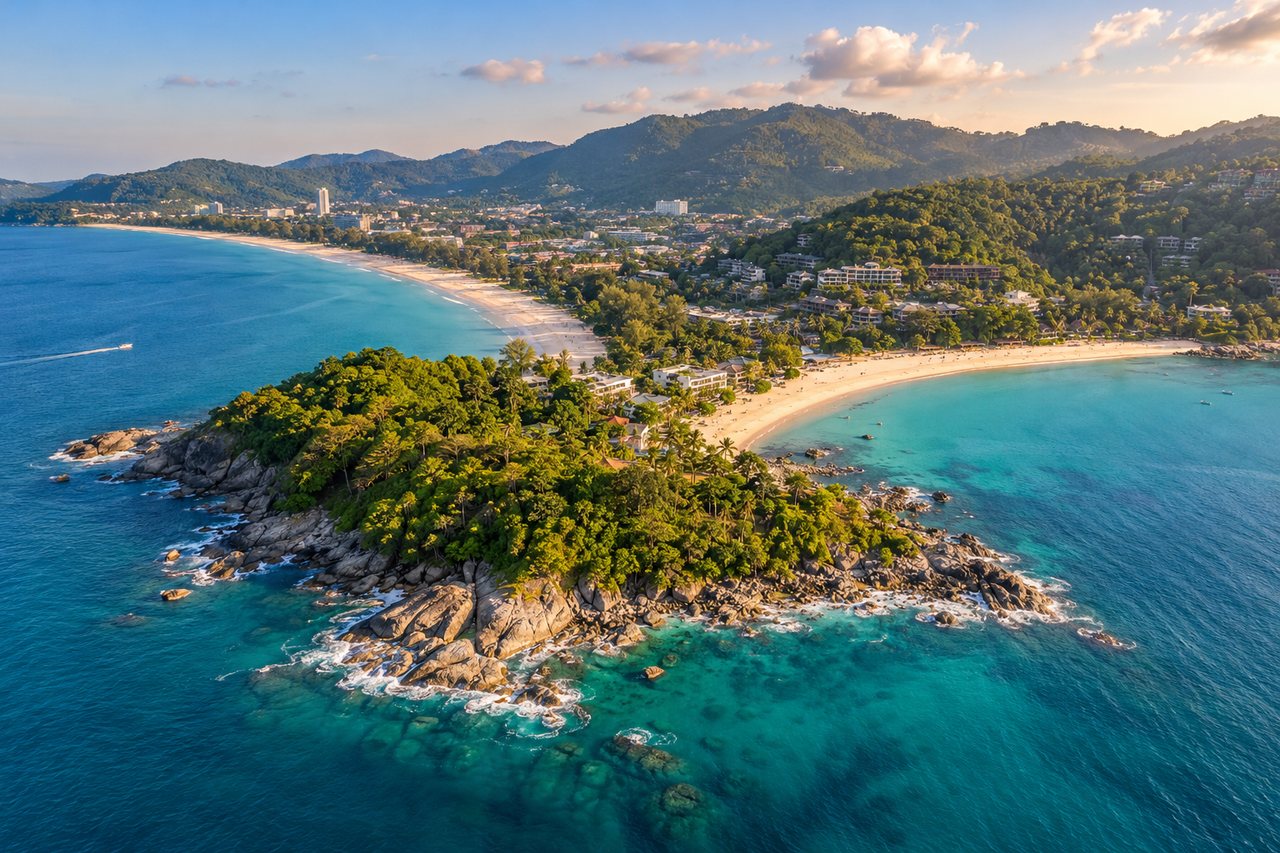 Phuket: aerial view over Kata and Karon beaches with turquoise sea, white sand and green headlands (AI-generated image)