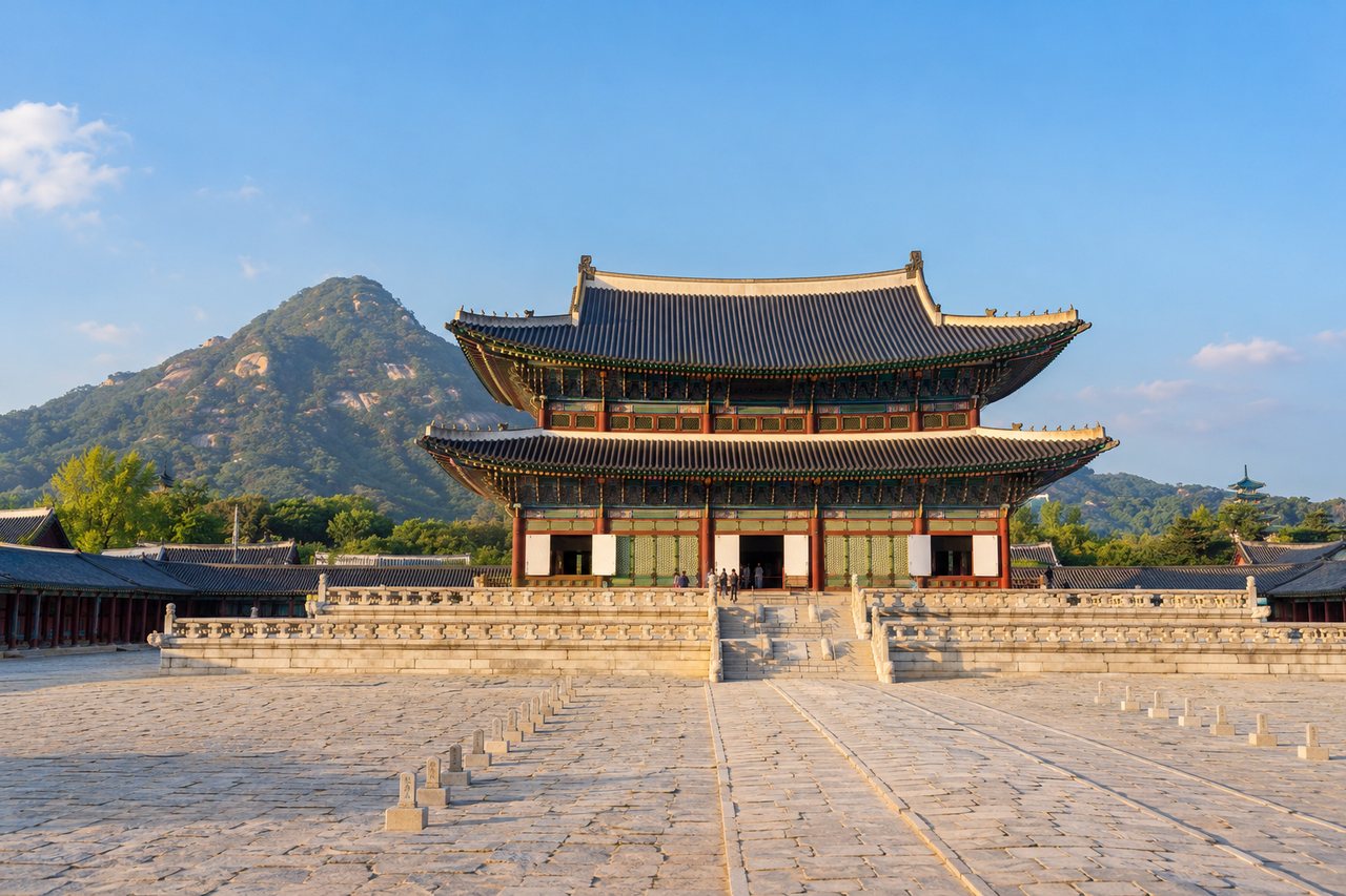 Seoul: Gyeongbokgung Palace's Geunjeongjeon hall with Bugaksan mountain behind on a clear day (AI-generated image)
