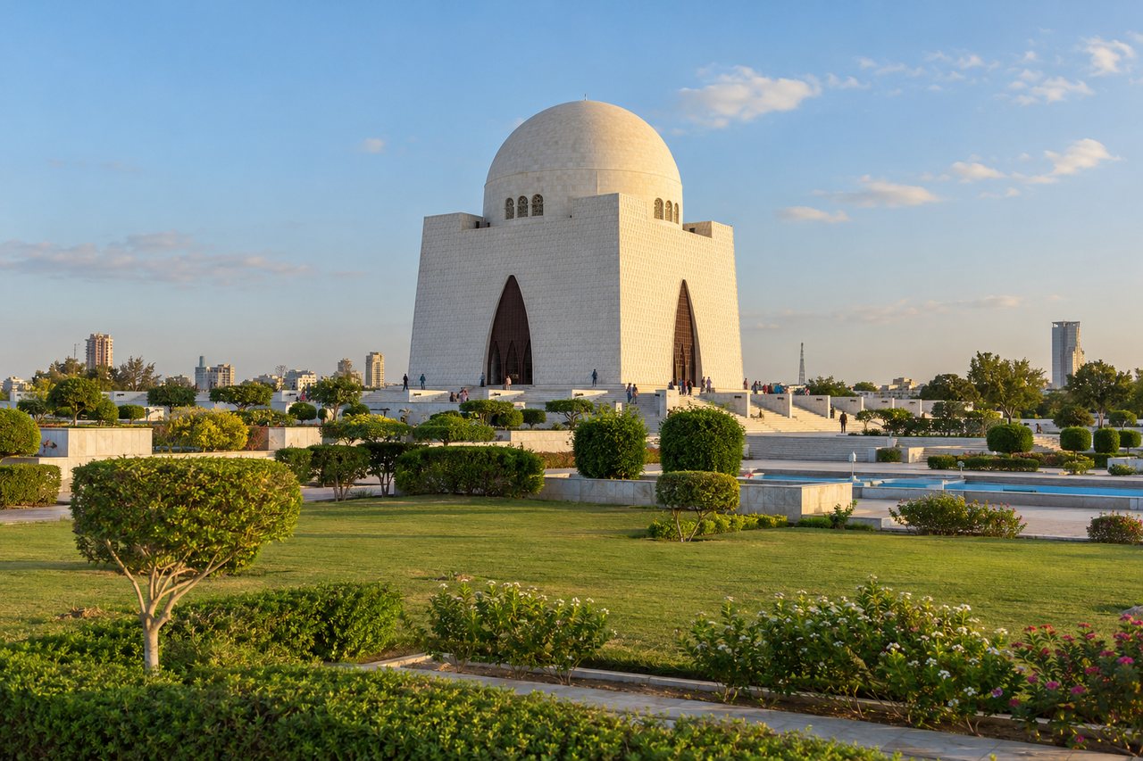 Karachi: the white marble Mazar-e-Quaid mausoleum in its gardens (AI-generated image)