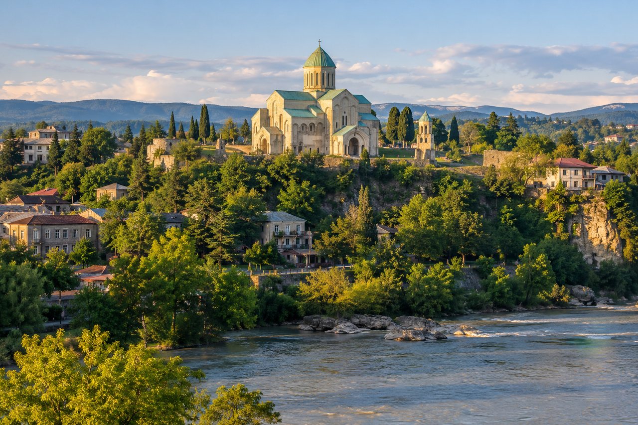Kutaisi: Bagrati Cathedral on its hill above the Rioni River (AI-generated image)