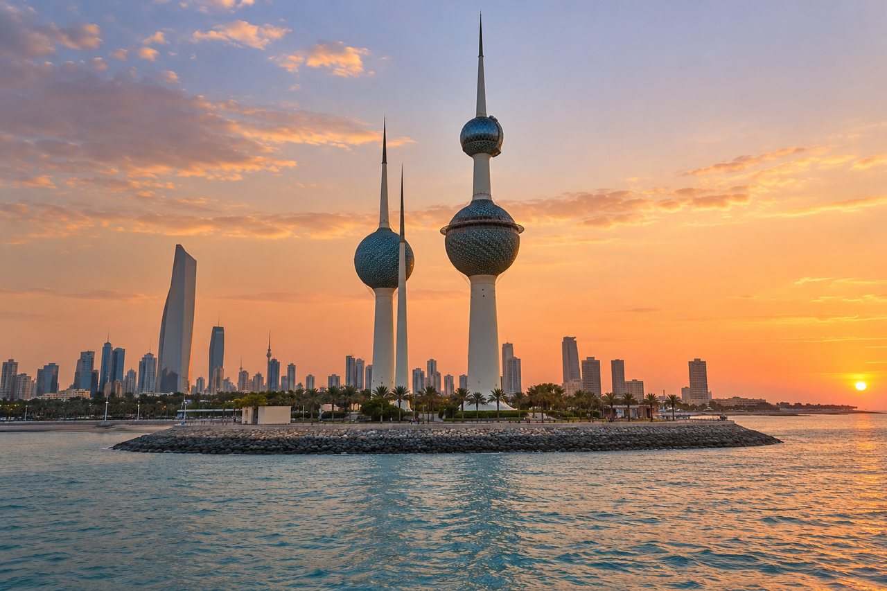 Kuwait City: the Kuwait Towers by the Gulf at dusk (AI-generated image)