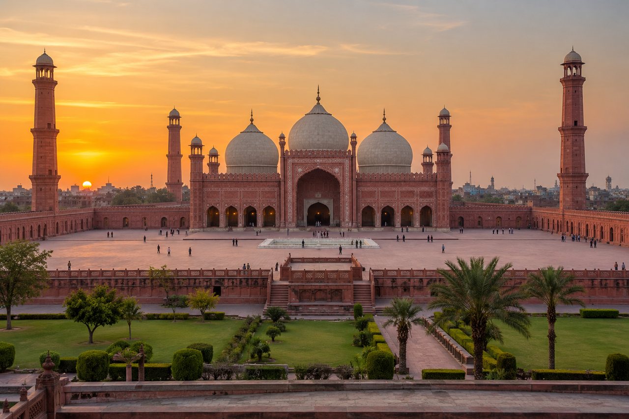 Lahore: the Badshahi Mosque's red sandstone and white marble domes at sunset (AI-generated image)