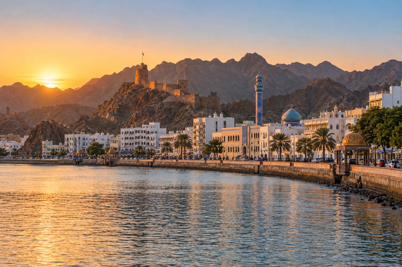 Muscat: the Mutrah Corniche with its fort and mountains at sunset (AI-generated image)