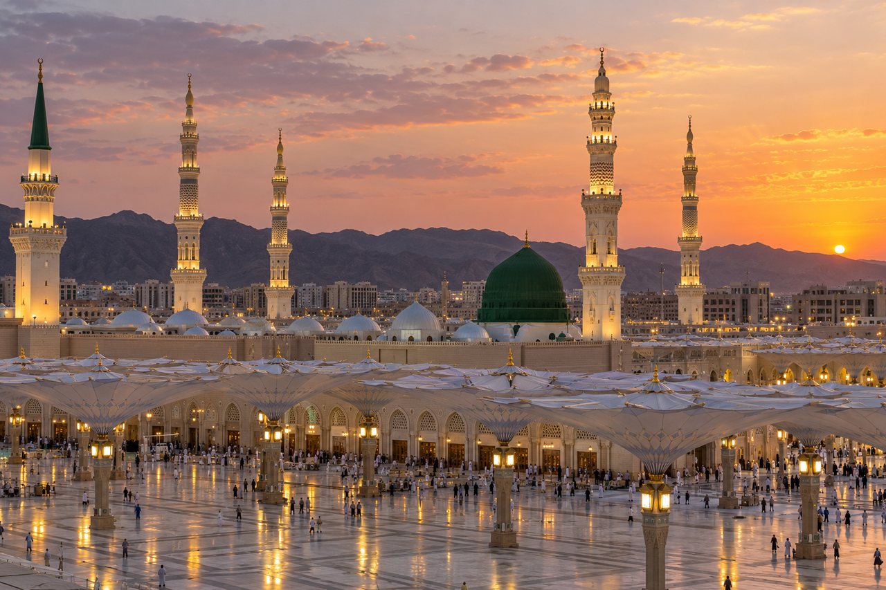 Medina: a wide, respectful view of Al-Masjid an-Nabawi's minarets and open umbrellas at dusk (AI-generated image)