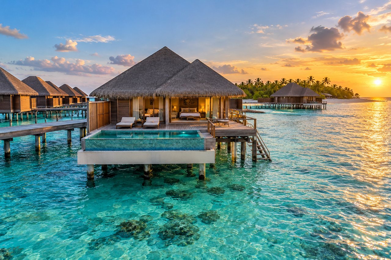 Malé: overwater villas on a turquoise lagoon (AI-generated image)