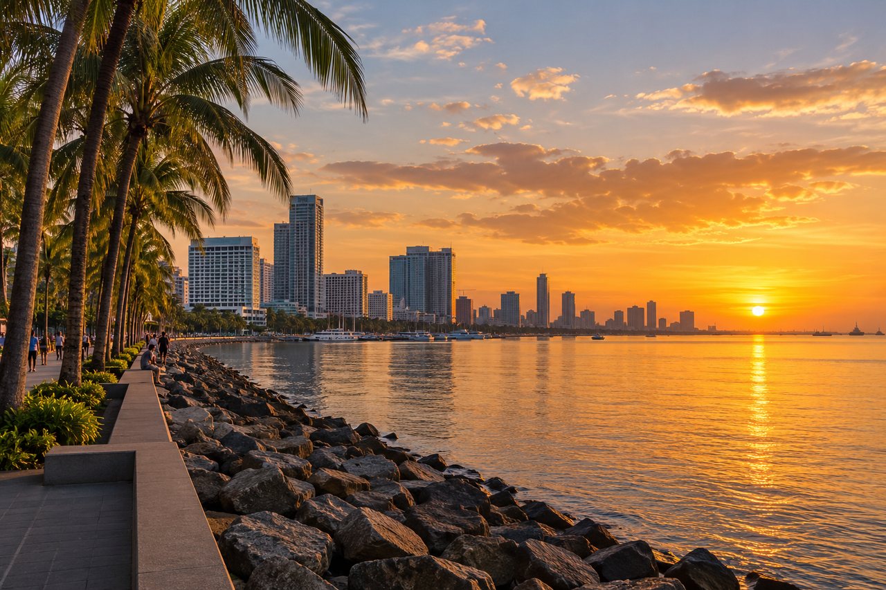 Manila: Manila Bay at sunset with palm trees along Baywalk and the city skyline (AI-generated image)