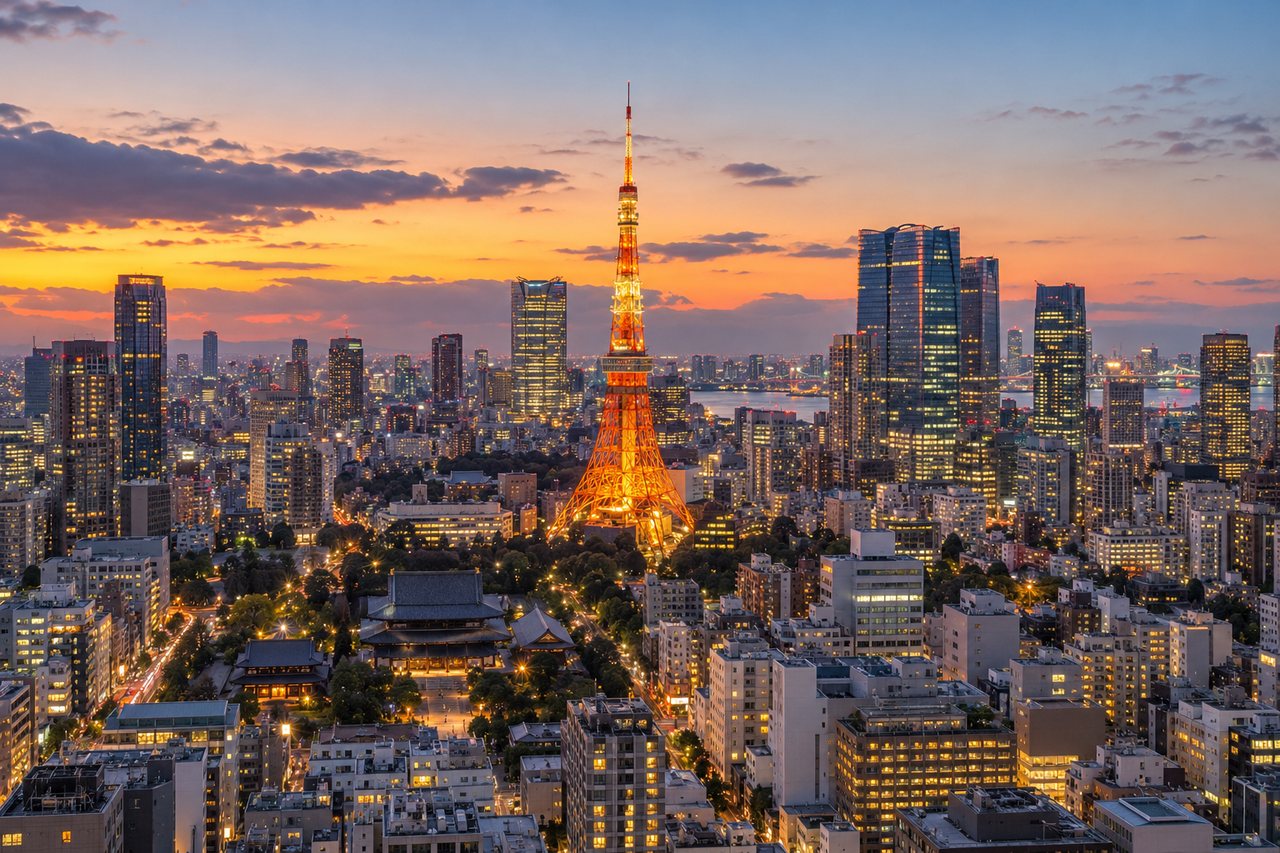 Tokyo Haneda: the city skyline at dusk with Tokyo Tower lit orange among skyscrapers (AI-generated image)