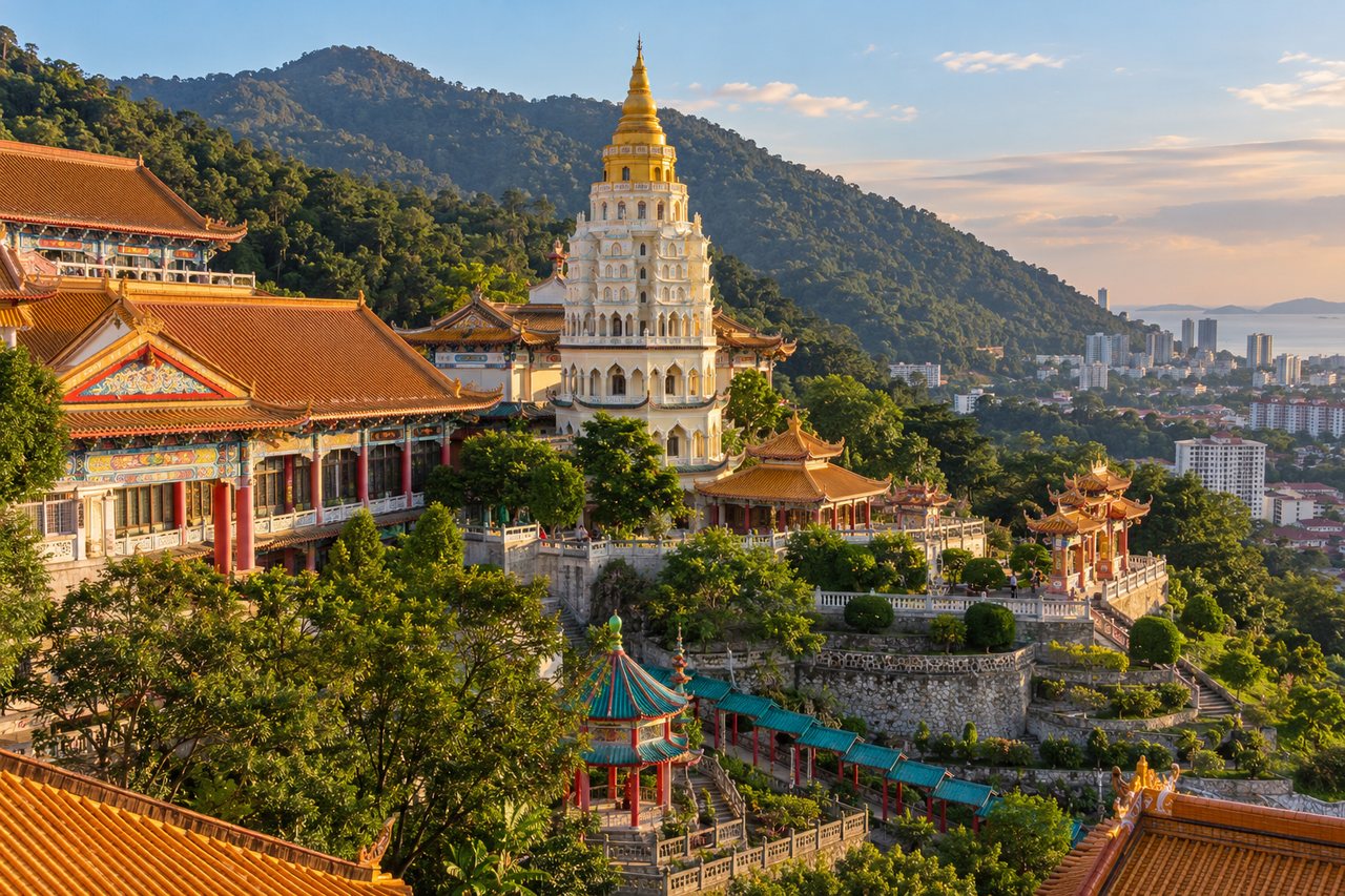Penang: Kek Lok Si temple's tiered pagoda on the hillside above George Town (AI-generated image)
