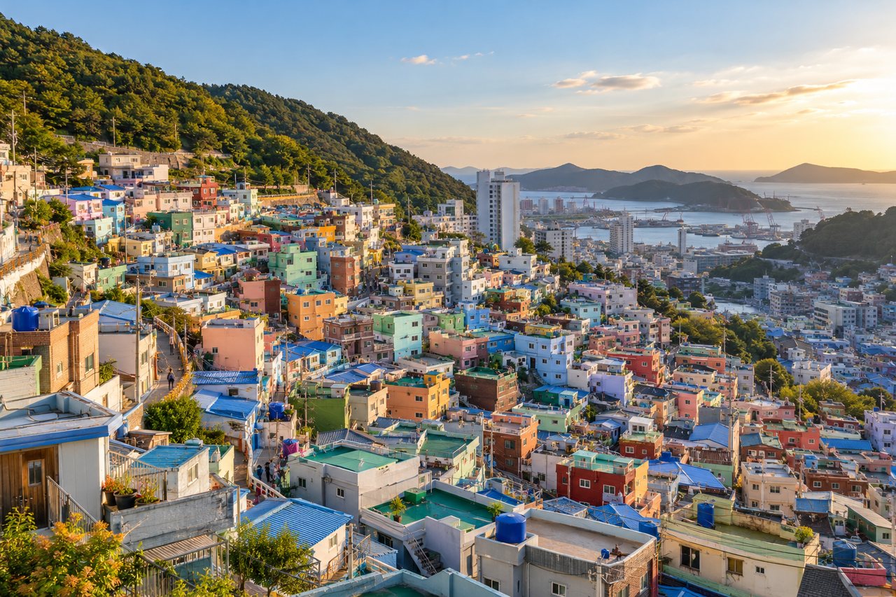 Busan: Gamcheon Culture Village's colourful hillside houses above the harbour (AI-generated image)