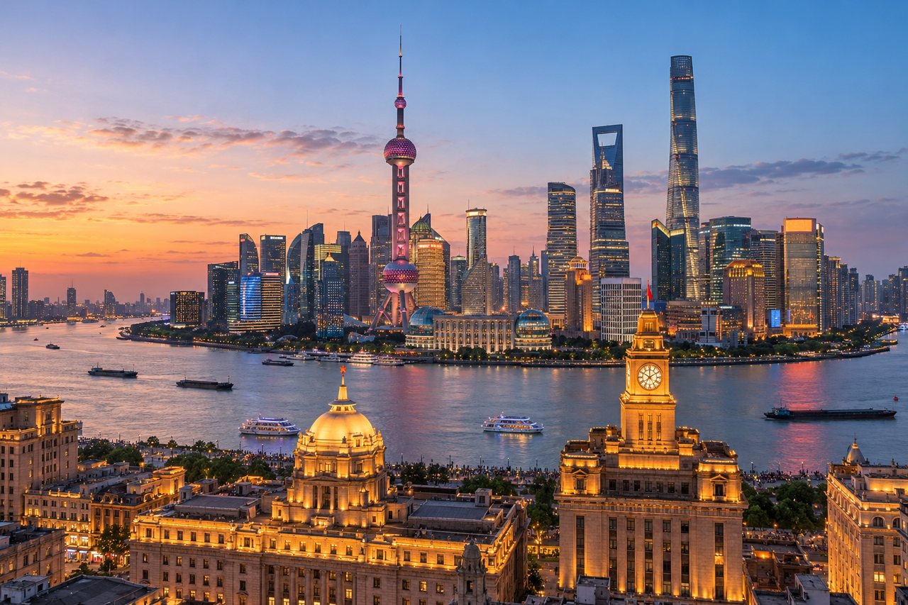 Shanghai: the Bund's historic buildings facing the Pudong skyline and Oriental Pearl Tower at dusk (AI-generated image)