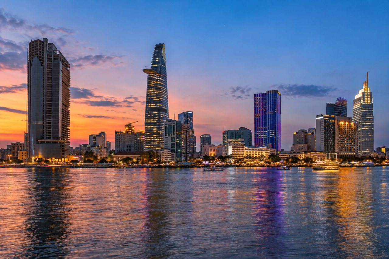 Ho Chi Minh City: the Saigon River and city skyline with the Bitexco tower at blue hour (AI-generated image)