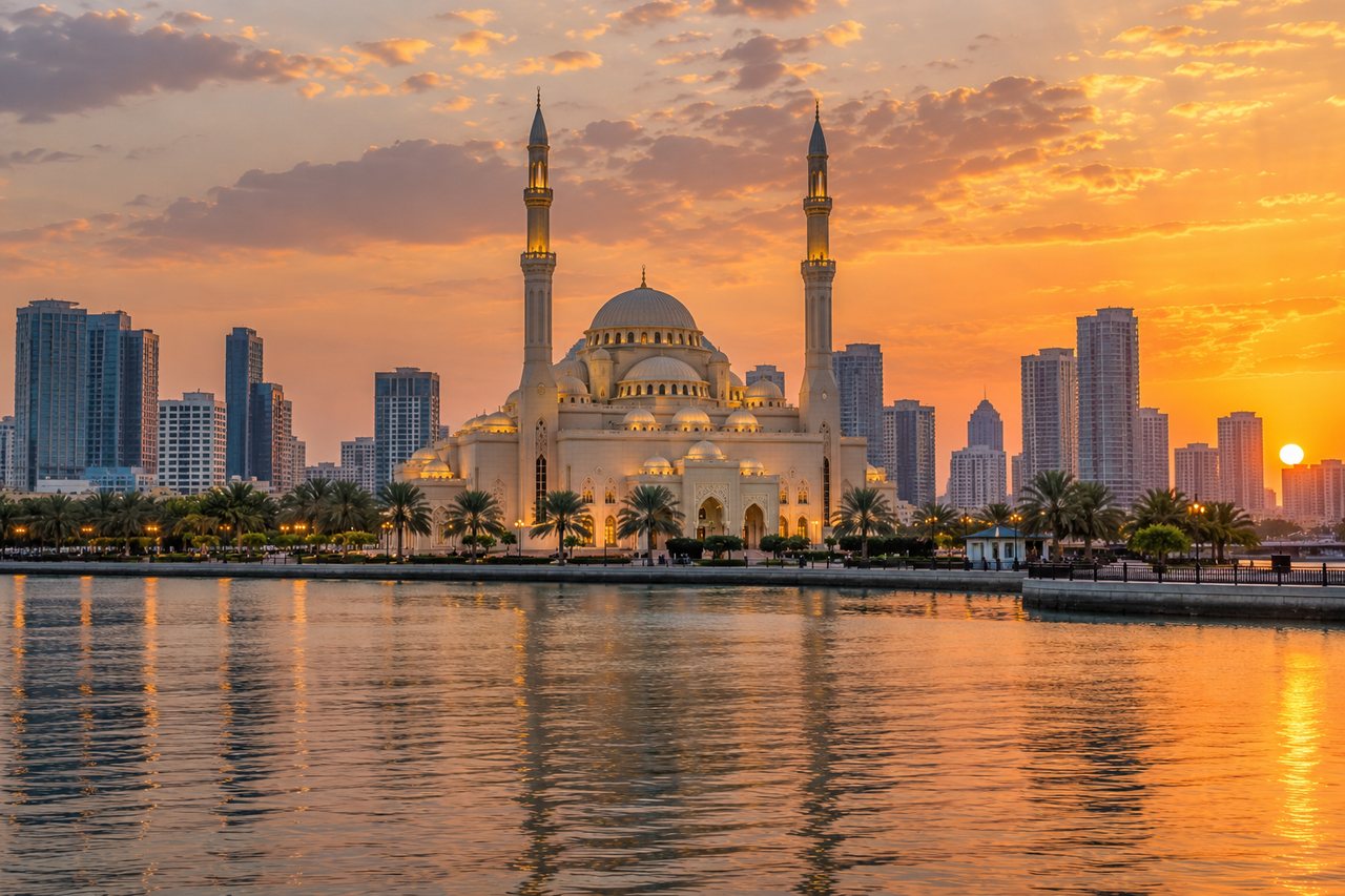 Sharjah: the Al Noor Mosque on Khalid Lagoon at sunset (AI-generated image)