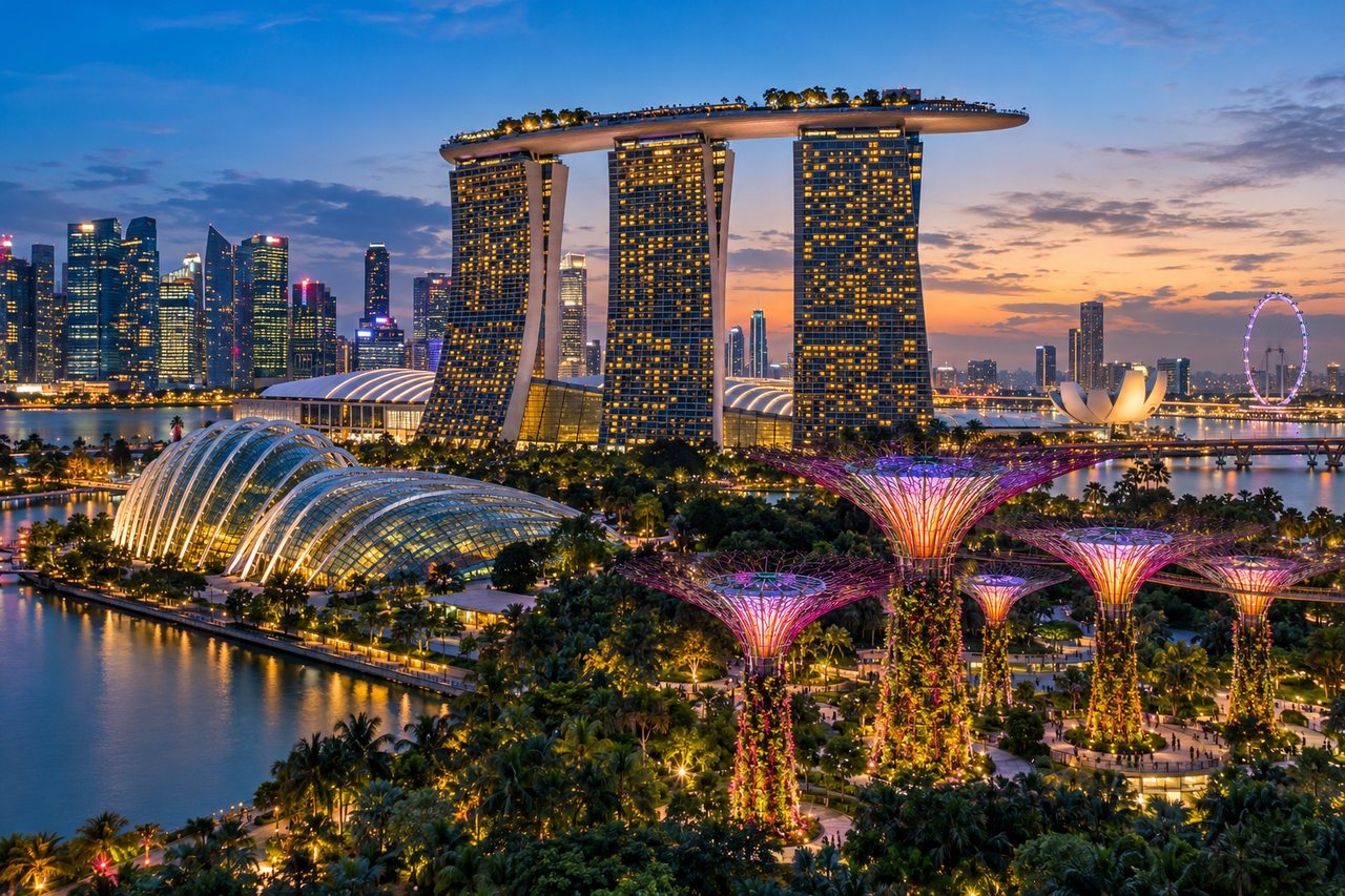 Singapore: Marina Bay with Marina Bay Sands and the Gardens by the Bay Supertrees at blue hour (AI-generated image)