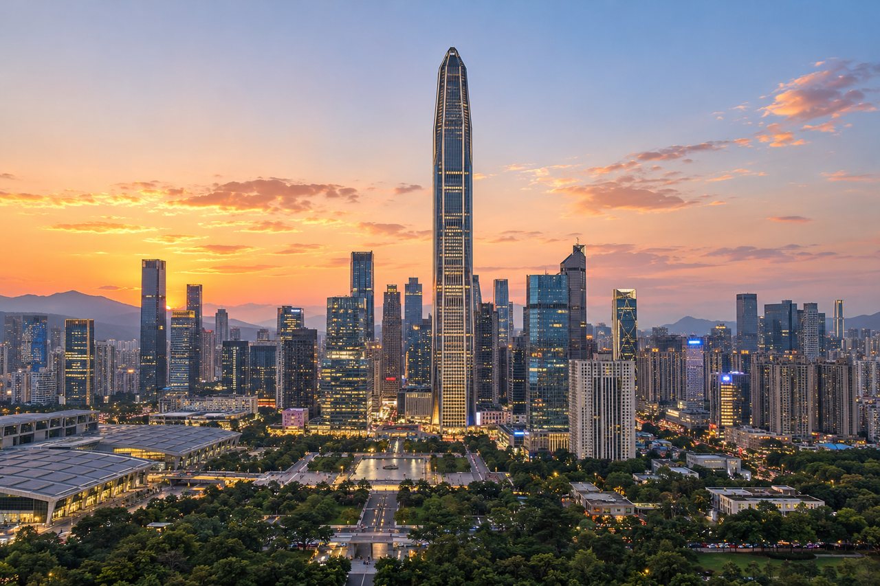 Shenzhen: Futian skyline with the Ping An Finance Centre at dusk (AI-generated image)