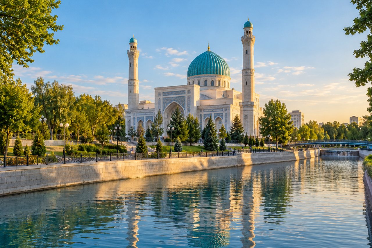 Tashkent: the turquoise dome of the Minor Mosque beside the canal (AI-generated image)