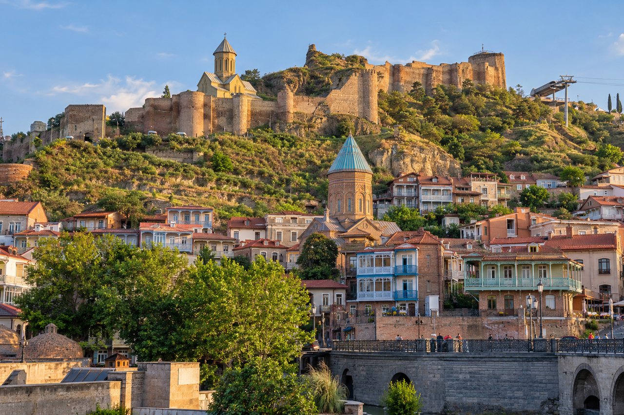 Tbilisi: the old town's balconied houses below Narikala Fortress (AI-generated image)