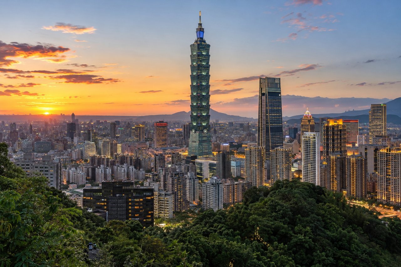 Taipei: Taipei 101 rising over the city at dusk, seen from Elephant Mountain (AI-generated image)