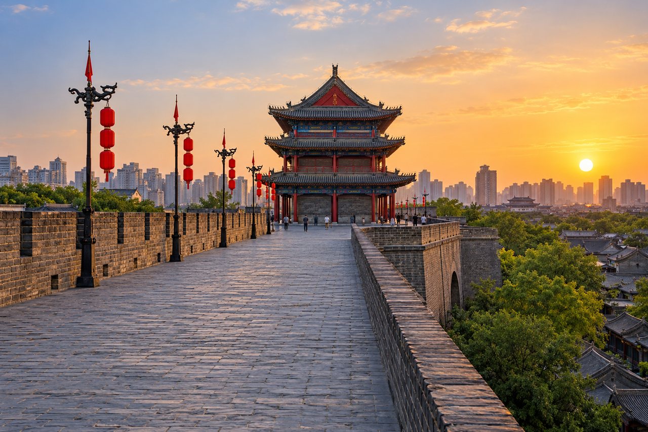 Xi’an: the ancient city wall with red lanterns and a gate tower at dusk (AI-generated image)